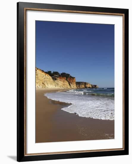 A Wave Breaks on Golden Sands Flanked by Steep Cliffs, Typical of the Atlantic Coastline Near Lagos-Stuart Forster-Framed Photographic Print