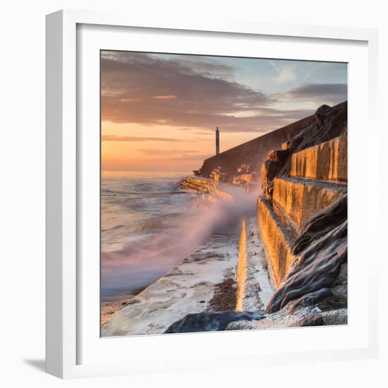 A Wave Rushes towards the Viewer along the Pier Wall at Sunset in Aberystwyth, West Wales, Uk. the-Izzy Standbridge-Framed Photographic Print