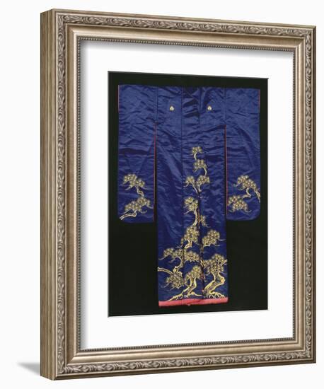 A Wedding Furisode of Midnight Blue Satin, Embroidered with Pine Trees in Couched Gilt Threads,…-null-Framed Giclee Print