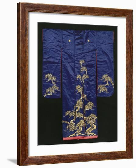 A Wedding Furisode of Midnight Blue Satin, Embroidered with Pine Trees in Couched Gilt Threads,…-null-Framed Giclee Print