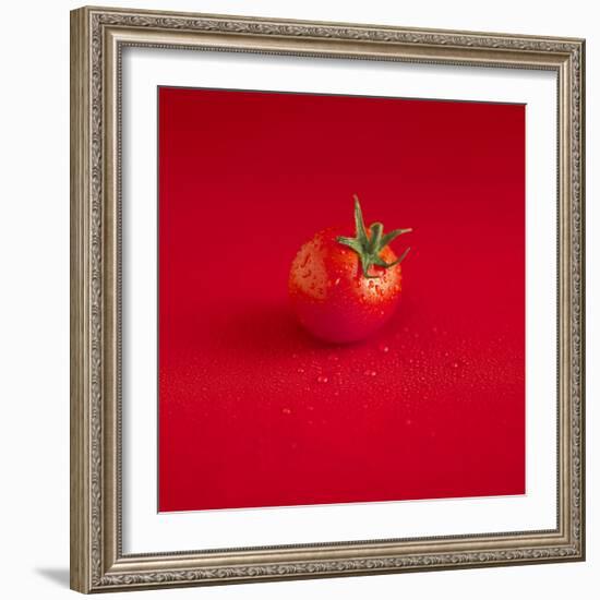 A Wet Tomato on a Red Surface-Dave King-Framed Photographic Print