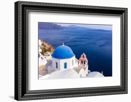 A white church with blue dome overlooking the Aegean Sea, Santorini, Cyclades-Ed Hasler-Framed Photographic Print