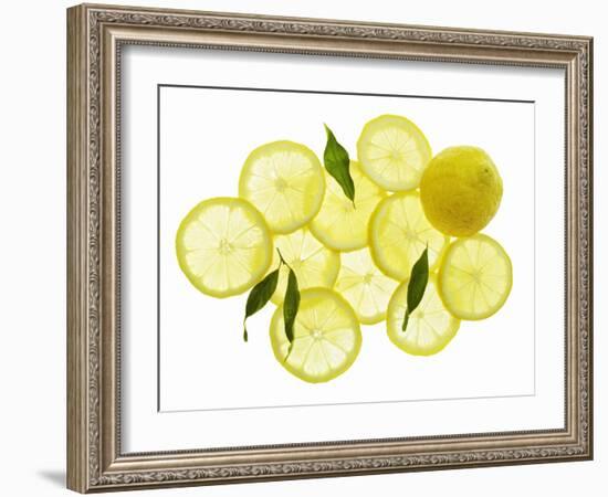 A Whole Lemon, Lemon Slices and Leaves-Petr Gross-Framed Photographic Print