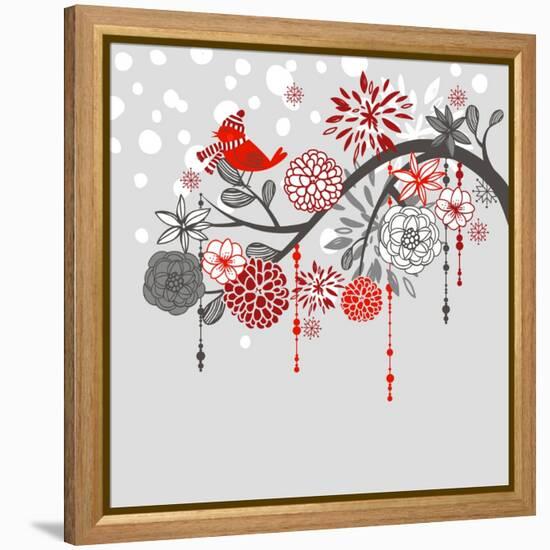 A Winter Branch with a Bird and falling Snow. Red and Grey Colors-Alisa Foytik-Framed Stretched Canvas