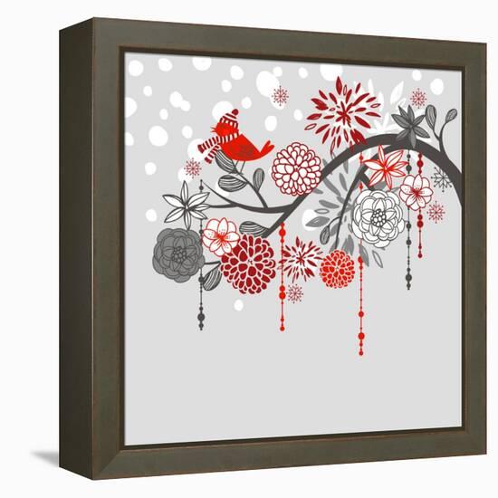 A Winter Branch with a Bird and falling Snow. Red and Grey Colors-Alisa Foytik-Framed Stretched Canvas