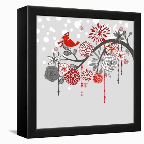 A Winter Branch with a Bird and falling Snow. Red and Grey Colors-Alisa Foytik-Framed Stretched Canvas