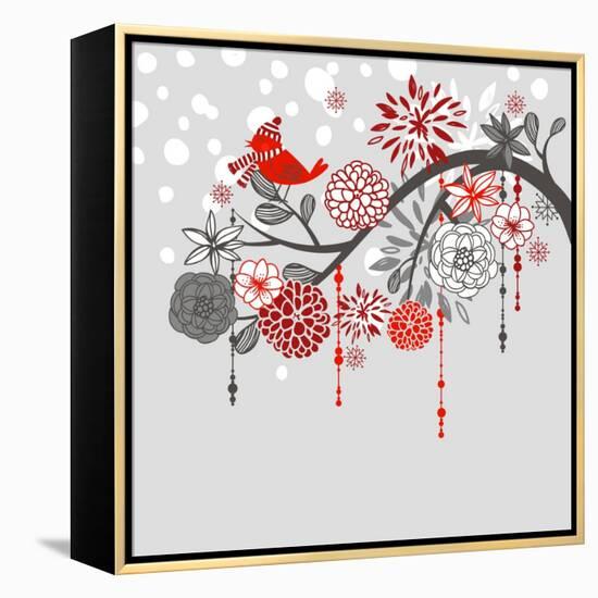 A Winter Branch with a Bird and falling Snow. Red and Grey Colors-Alisa Foytik-Framed Stretched Canvas