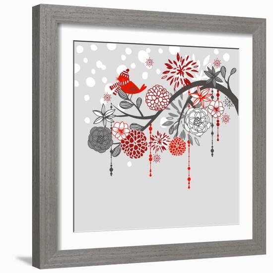 A Winter Branch with a Bird and falling Snow. Red and Grey Colors-Alisa Foytik-Framed Art Print