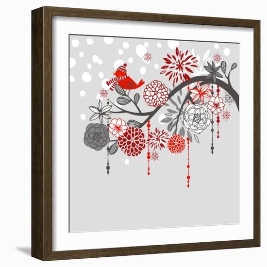 A Winter Branch with a Bird and falling Snow. Red and Grey Colors-Alisa Foytik-Framed Art Print