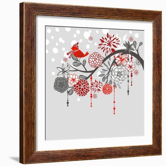 A Winter Branch with a Bird and falling Snow. Red and Grey Colors-Alisa Foytik-Framed Art Print