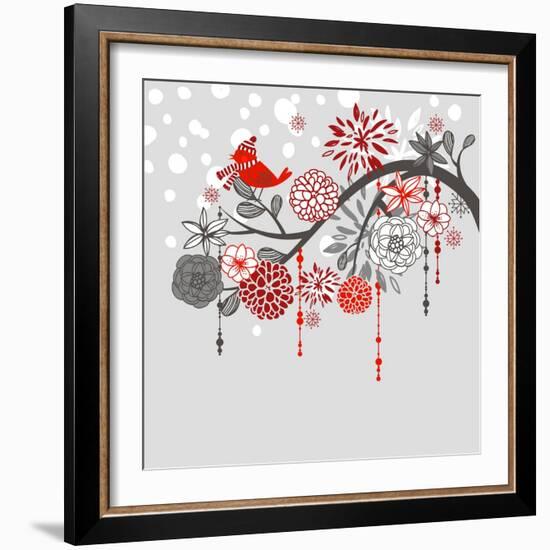 A Winter Branch with a Bird and falling Snow. Red and Grey Colors-Alisa Foytik-Framed Art Print