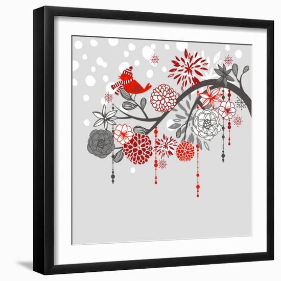 A Winter Branch with a Bird and falling Snow. Red and Grey Colors-Alisa Foytik-Framed Art Print