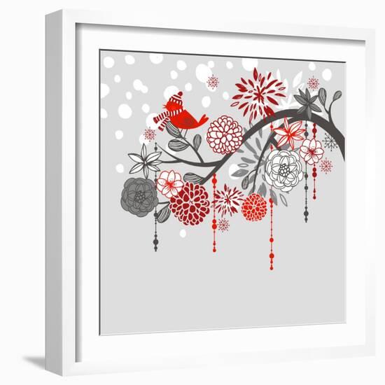 A Winter Branch with a Bird and falling Snow. Red and Grey Colors-Alisa Foytik-Framed Art Print