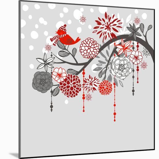 A Winter Branch with a Bird and falling Snow. Red and Grey Colors-Alisa Foytik-Mounted Art Print