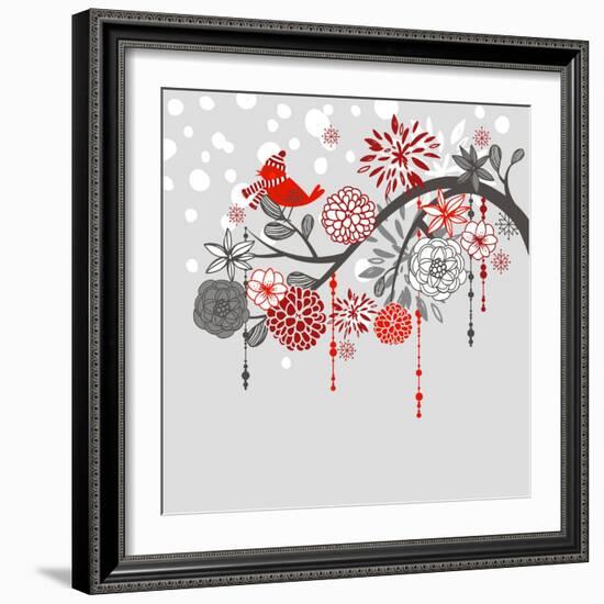 A Winter Branch with a Bird and falling Snow. Red and Grey Colors-Alisa Foytik-Framed Art Print
