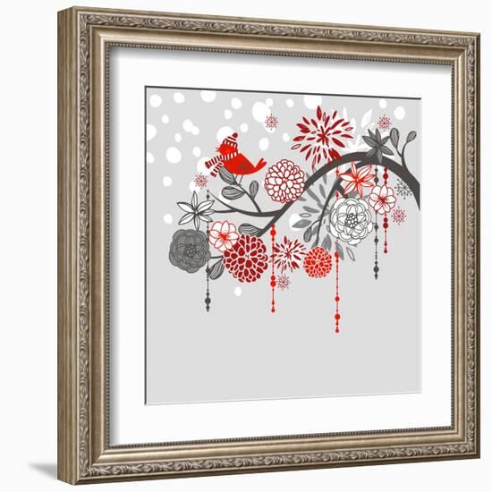 A Winter Branch with a Bird and falling Snow. Red and Grey Colors-Alisa Foytik-Framed Art Print