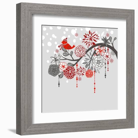 A Winter Branch with a Bird and falling Snow. Red and Grey Colors-Alisa Foytik-Framed Art Print