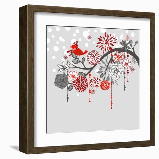 A Winter Branch with a Bird and falling Snow. Red and Grey Colors-Alisa Foytik-Framed Art Print