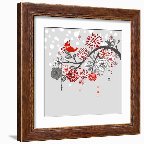 A Winter Branch with a Bird and falling Snow. Red and Grey Colors-Alisa Foytik-Framed Art Print