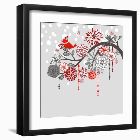 A Winter Branch with a Bird and falling Snow. Red and Grey Colors-Alisa Foytik-Framed Art Print