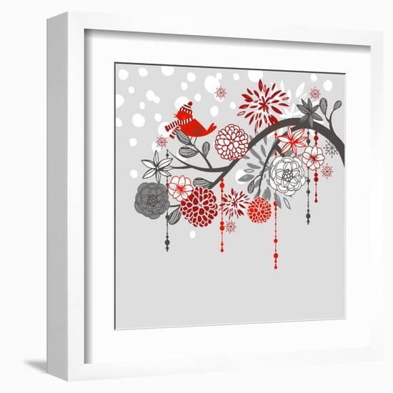 A Winter Branch with a Bird and falling Snow. Red and Grey Colors-Alisa Foytik-Framed Art Print