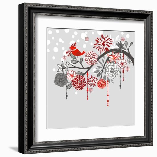 A Winter Branch with a Bird and falling Snow. Red and Grey Colors-Alisa Foytik-Framed Art Print