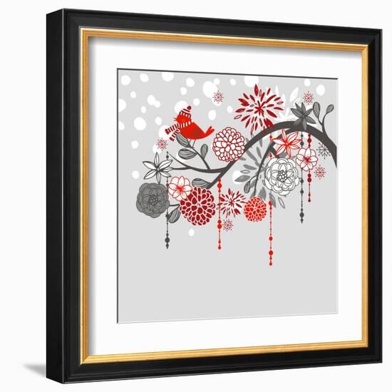 A Winter Branch with a Bird and falling Snow. Red and Grey Colors-Alisa Foytik-Framed Art Print