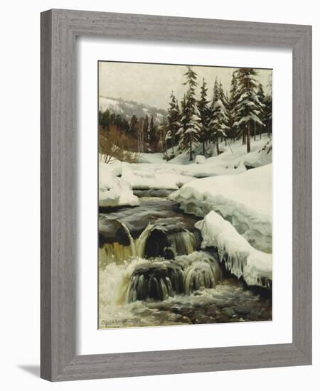 A Winter Landscape with a Mountain Torrent, 1916-Peder Mork Monsted-Framed Giclee Print