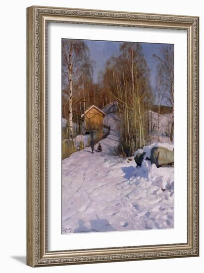 A Winter Landscape with Children Sledging-Peder Mork Monsted-Framed Giclee Print