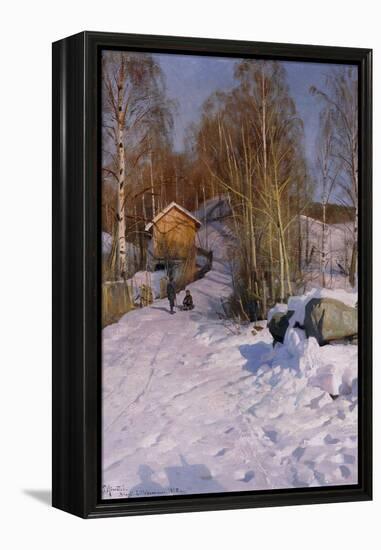 A Winter Landscape with Children Sledging-Peder Mork Monsted-Framed Premier Image Canvas