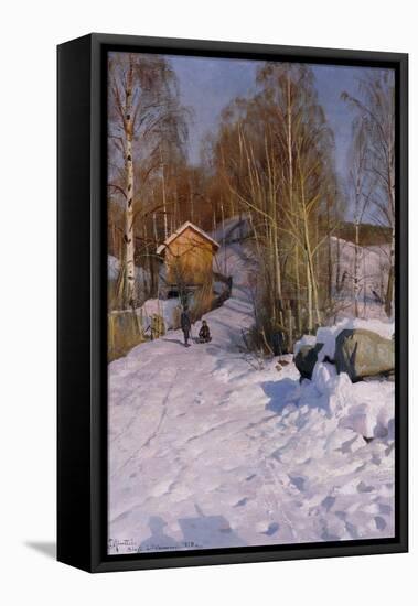 A Winter Landscape with Children Sledging-Peder Mork Monsted-Framed Premier Image Canvas