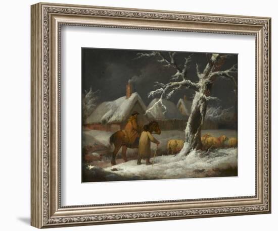 A Winter Landscape with Figures and their Sheep on a Track (Oil on Panel)-George Morland-Framed Giclee Print