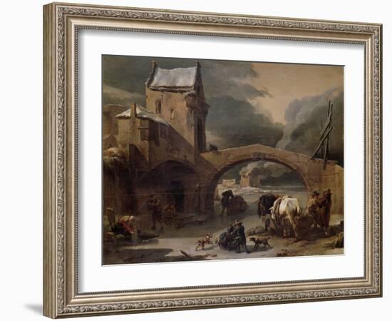 A Winter Landscape with Peasants and Horses on a Frozen Canal by a Fortified Bridge-Nicolaes Pietersz. Berchem-Framed Giclee Print