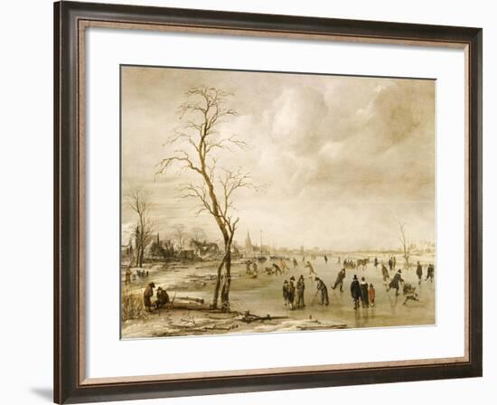 A Winter Landscape with Townsfolk Skating and Playing Kolf on a Frozen River, a Town Beyond-Aert van der Neer-Framed Giclee Print