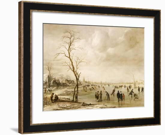 A Winter Landscape with Townsfolk Skating and Playing Kolf on a Frozen River, a Town Beyond-Aert van der Neer-Framed Giclee Print