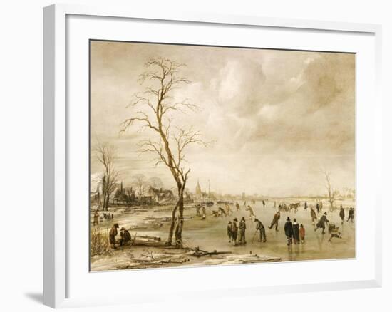 A Winter Landscape with Townsfolk Skating and Playing Kolf on a Frozen River, a Town Beyond-Aert van der Neer-Framed Giclee Print