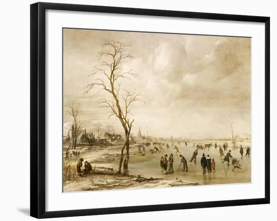 A Winter Landscape with Townsfolk Skating and Playing Kolf on a Frozen River, a Town Beyond-Aert van der Neer-Framed Giclee Print