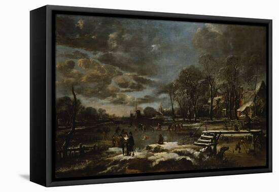 A Winter River Landscape with Figures Playing Golf and Skating-Jan Brueghel the Elder-Framed Premier Image Canvas