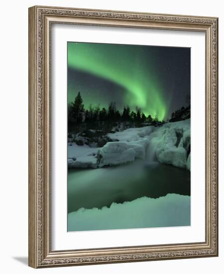 A Wintery Waterfall And Aurora Borealis Over Tennevik River, Norway-Stocktrek Images-Framed Photographic Print