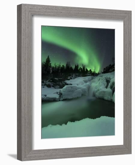 A Wintery Waterfall And Aurora Borealis Over Tennevik River, Norway-Stocktrek Images-Framed Photographic Print