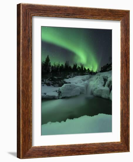 A Wintery Waterfall And Aurora Borealis Over Tennevik River, Norway-Stocktrek Images-Framed Photographic Print