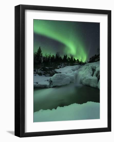 A Wintery Waterfall And Aurora Borealis Over Tennevik River, Norway-Stocktrek Images-Framed Photographic Print