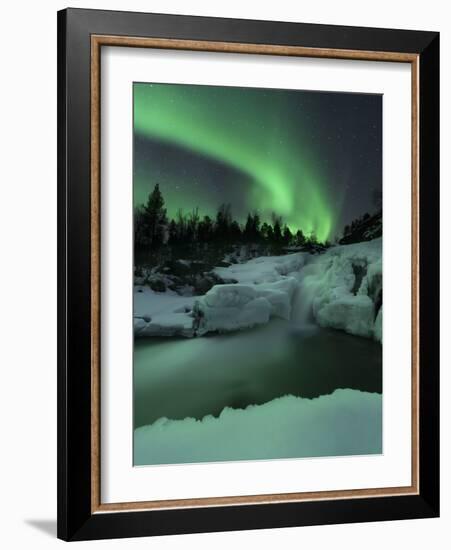 A Wintery Waterfall And Aurora Borealis Over Tennevik River, Norway-Stocktrek Images-Framed Photographic Print