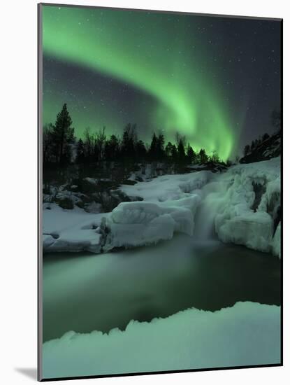 A Wintery Waterfall And Aurora Borealis Over Tennevik River, Norway-Stocktrek Images-Mounted Photographic Print