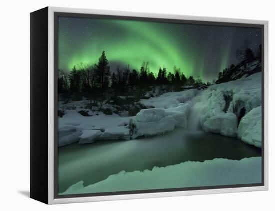 A Wintery Waterfall And Aurora Borealis Over Tennevik River, Norway-Stocktrek Images-Framed Premier Image Canvas