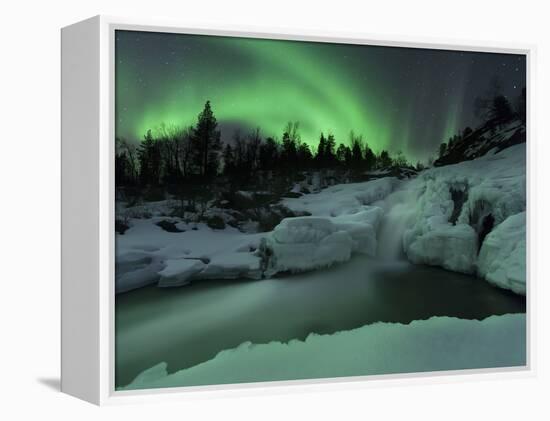 A Wintery Waterfall And Aurora Borealis Over Tennevik River, Norway-Stocktrek Images-Framed Premier Image Canvas