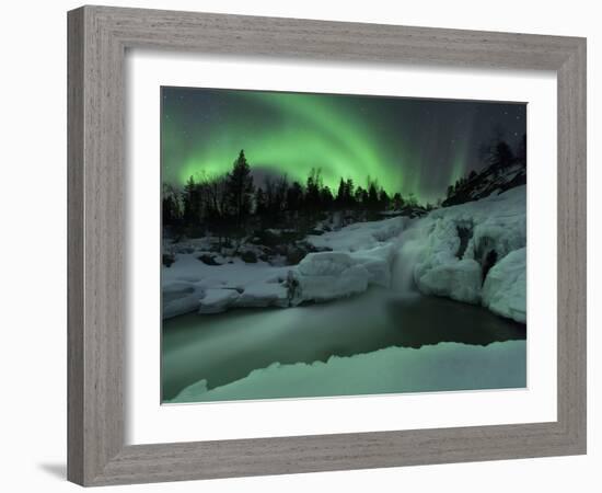 A Wintery Waterfall And Aurora Borealis Over Tennevik River, Norway-Stocktrek Images-Framed Photographic Print