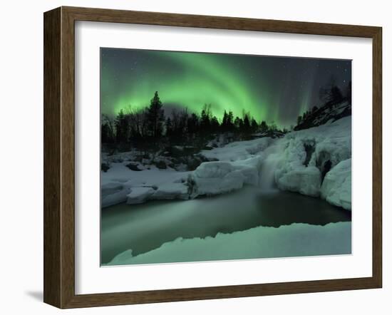 A Wintery Waterfall And Aurora Borealis Over Tennevik River, Norway-Stocktrek Images-Framed Photographic Print