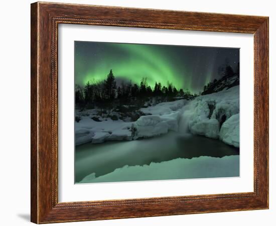 A Wintery Waterfall And Aurora Borealis Over Tennevik River, Norway-Stocktrek Images-Framed Photographic Print