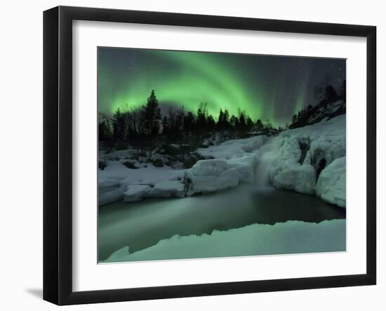 A Wintery Waterfall And Aurora Borealis Over Tennevik River, Norway-Stocktrek Images-Framed Photographic Print
